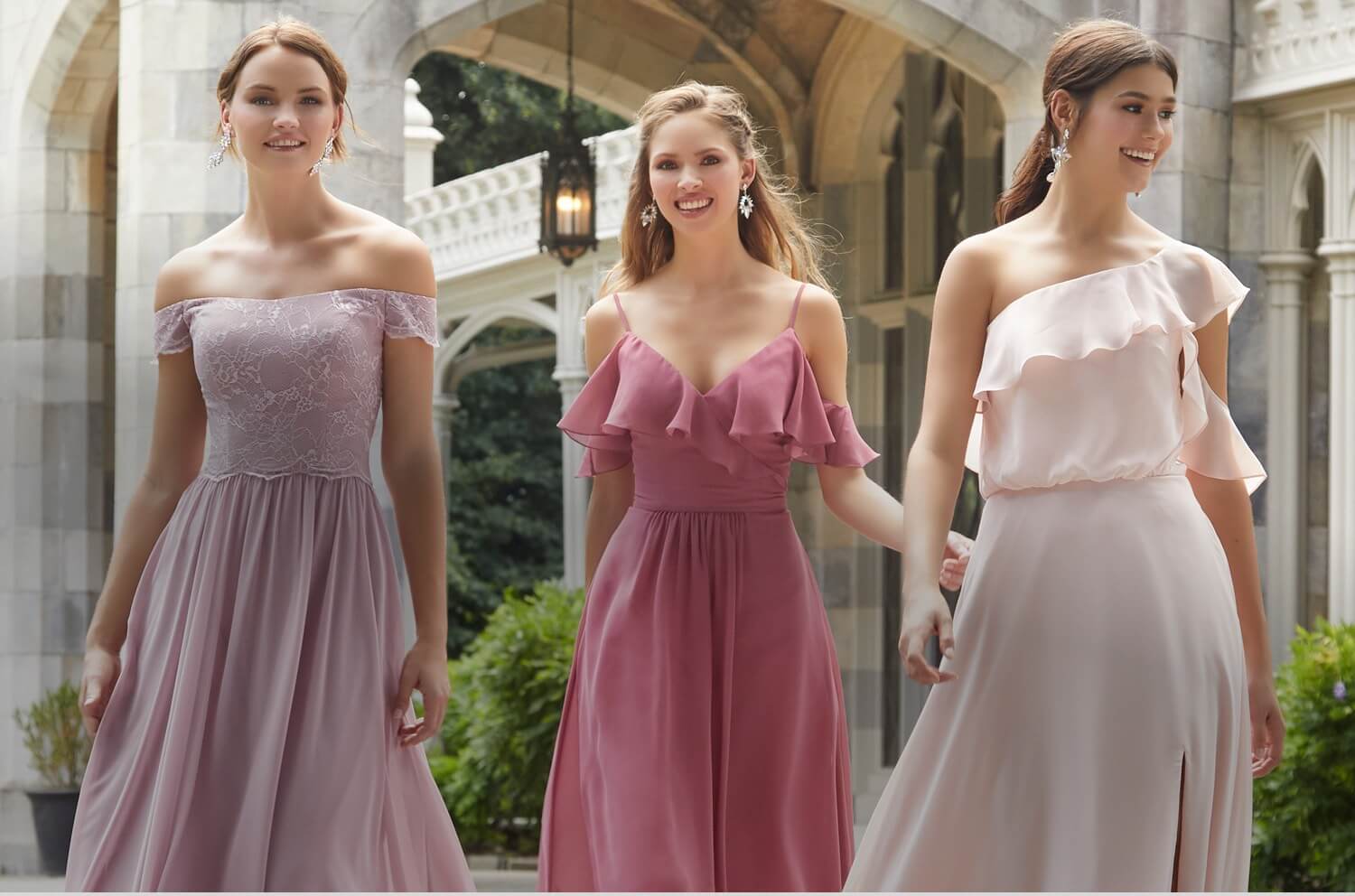 Photo of bridesmaids wearing Mori Lee dresses. Mobile image