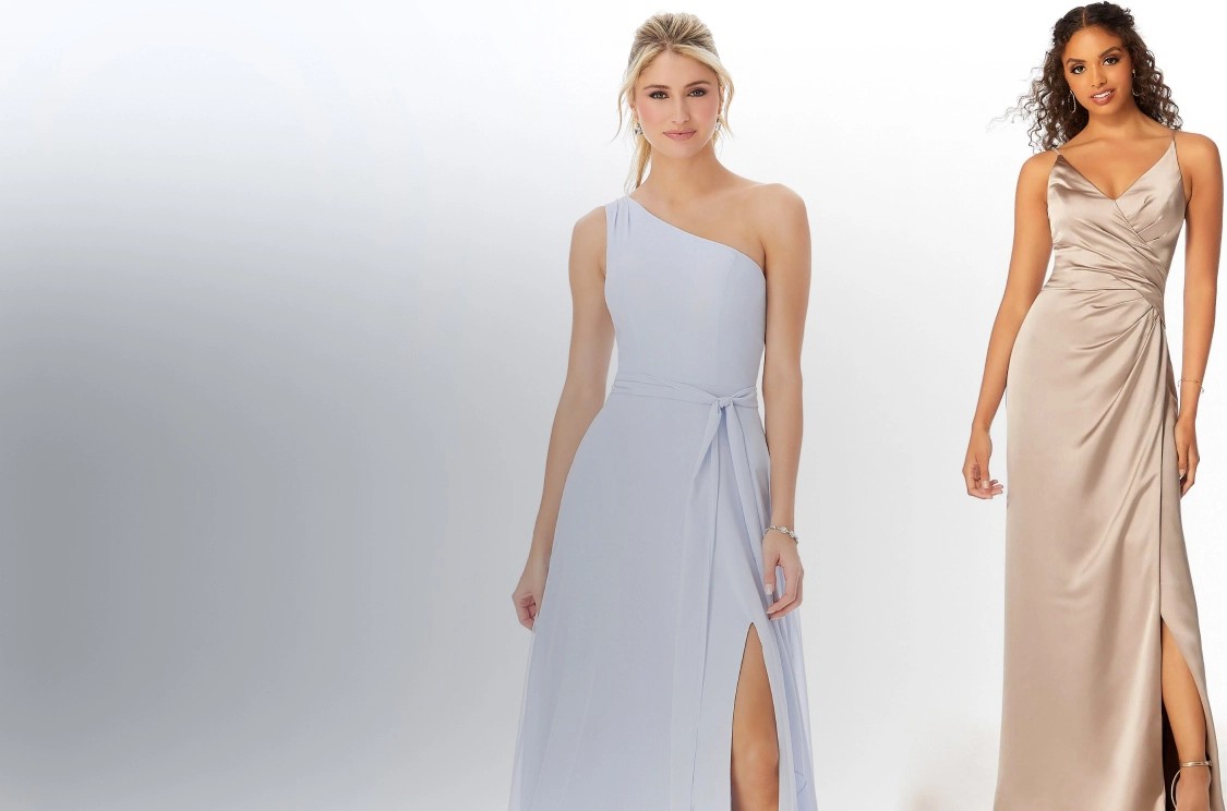 Photo of bridesmaids wearing Mori Lee dresses. Mobile image