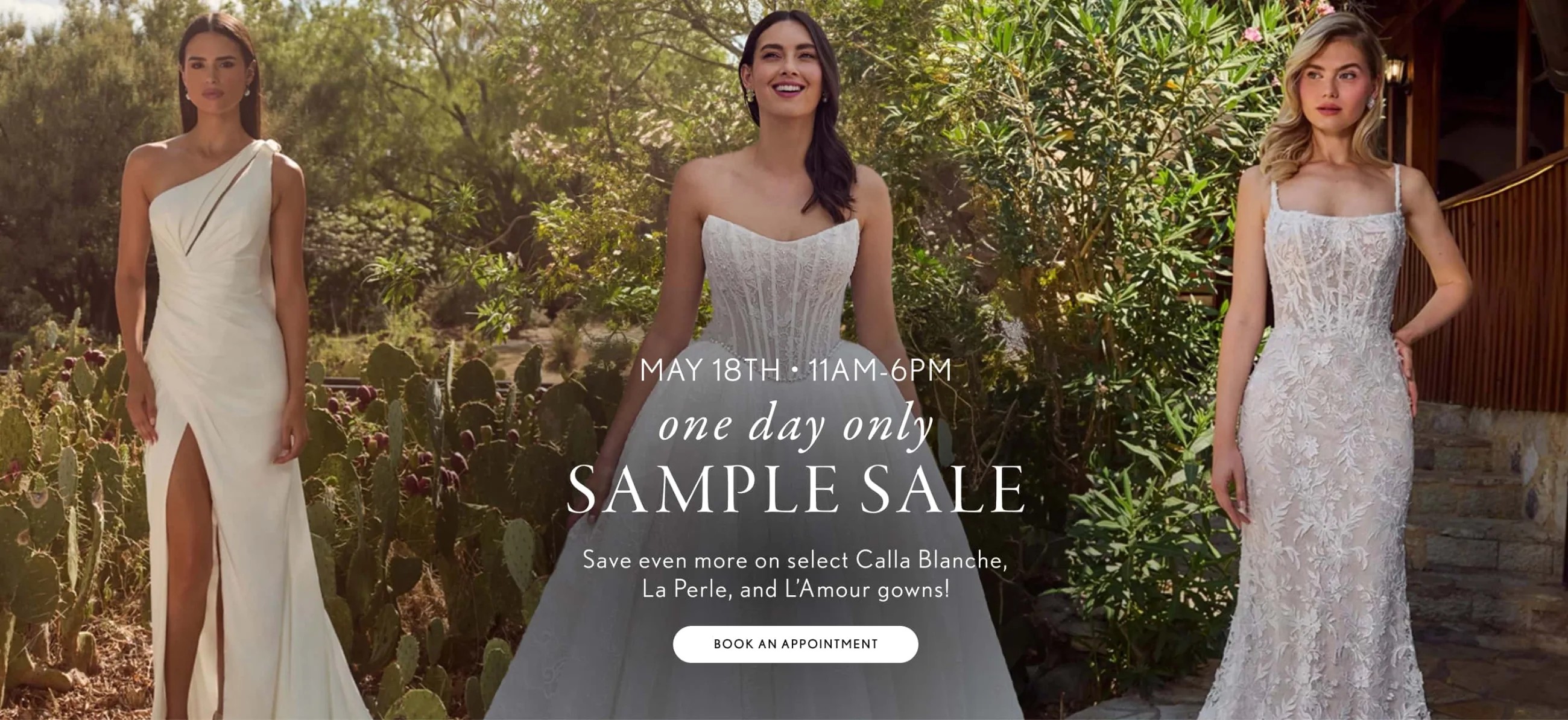 3 Models wearing Calla Blanche, La Perle, L'amour. Sample Sale banner desktop