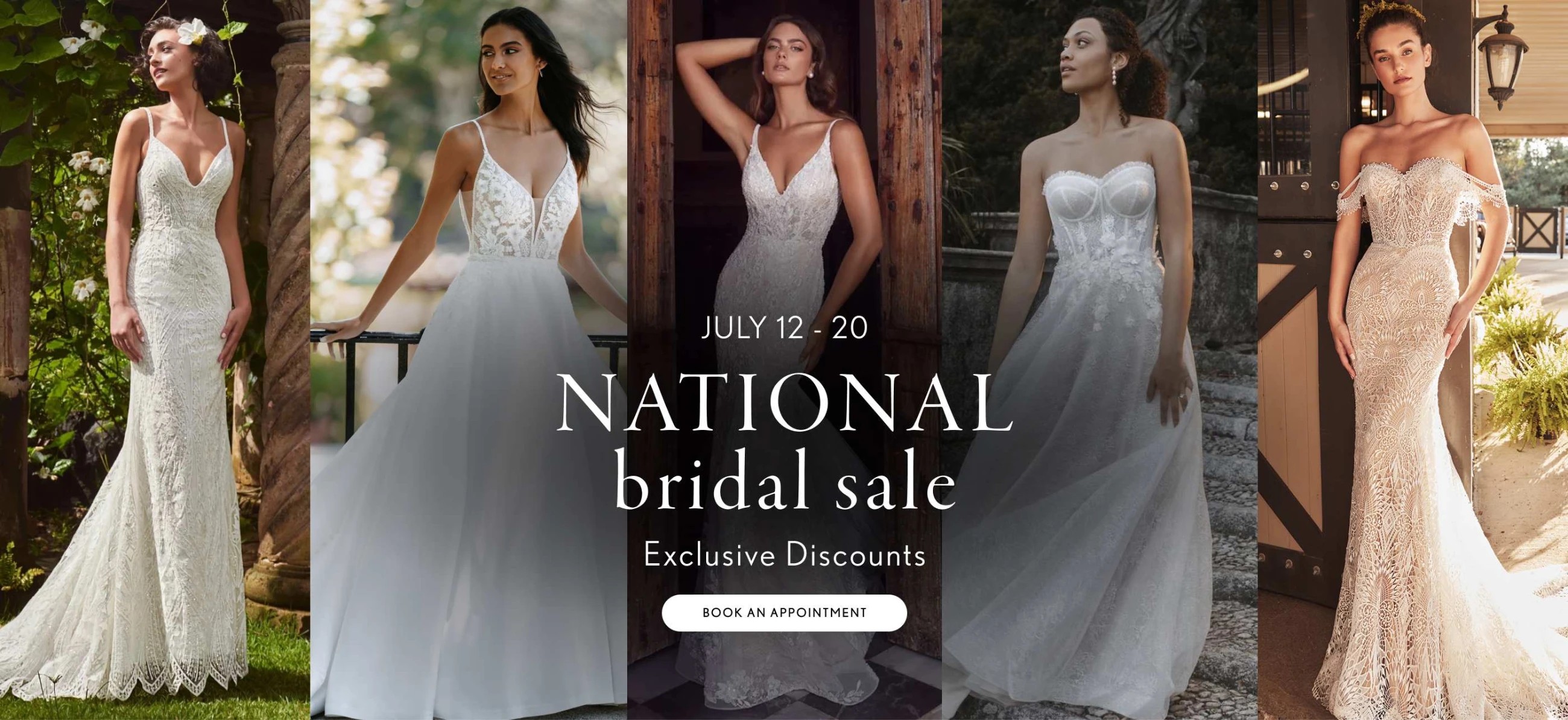 Multiple models wearing gowns, national bridal sale desktop banner