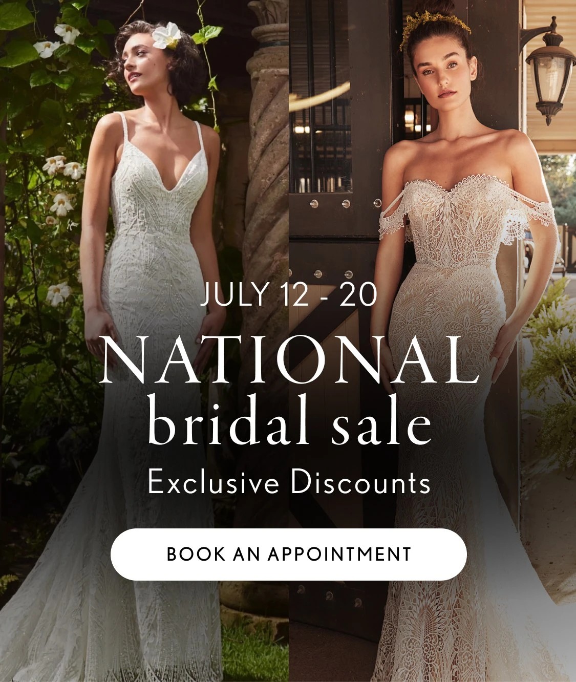 Multiple models wearing gowns, national bridal sale mobile banner