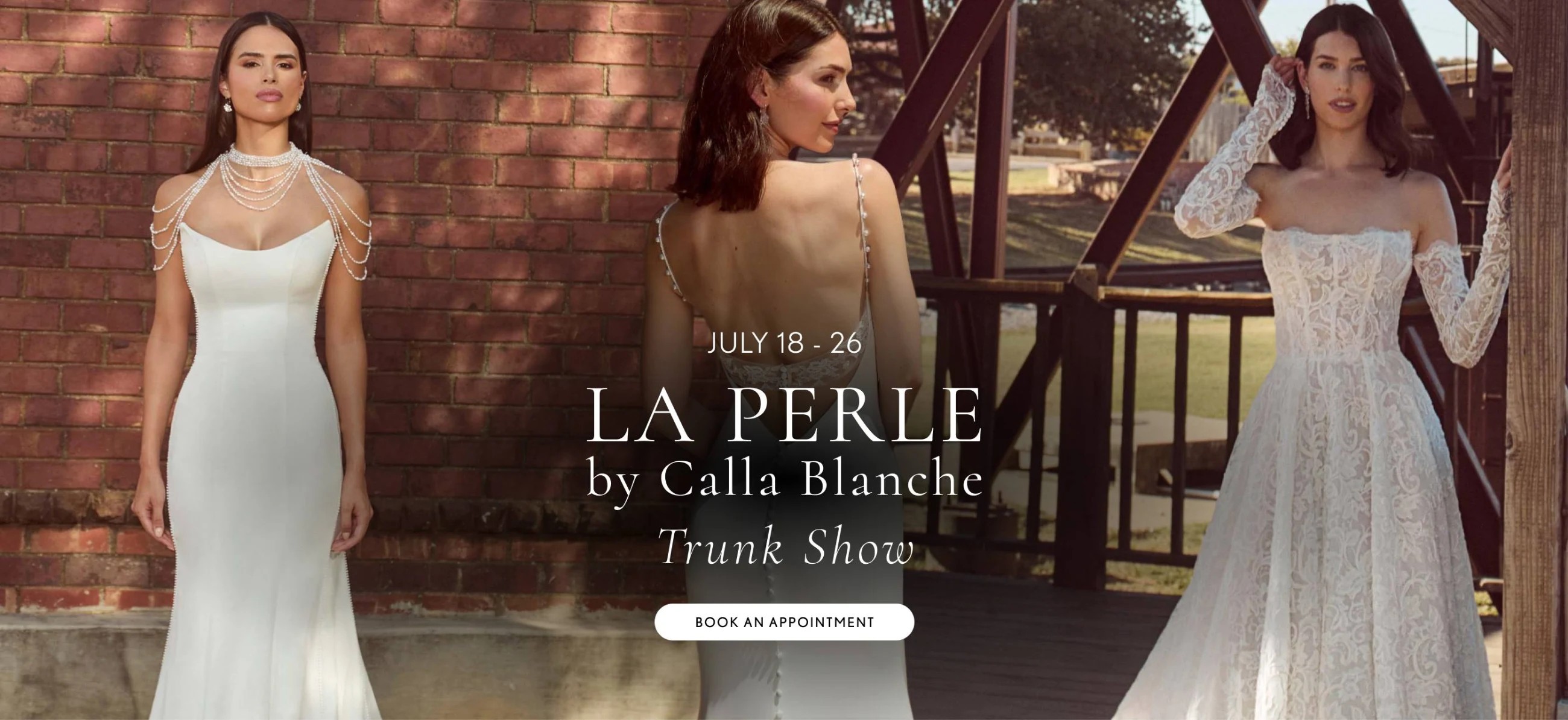 Models wearing La perle by calla blanche gowns, desktop trunk show banner