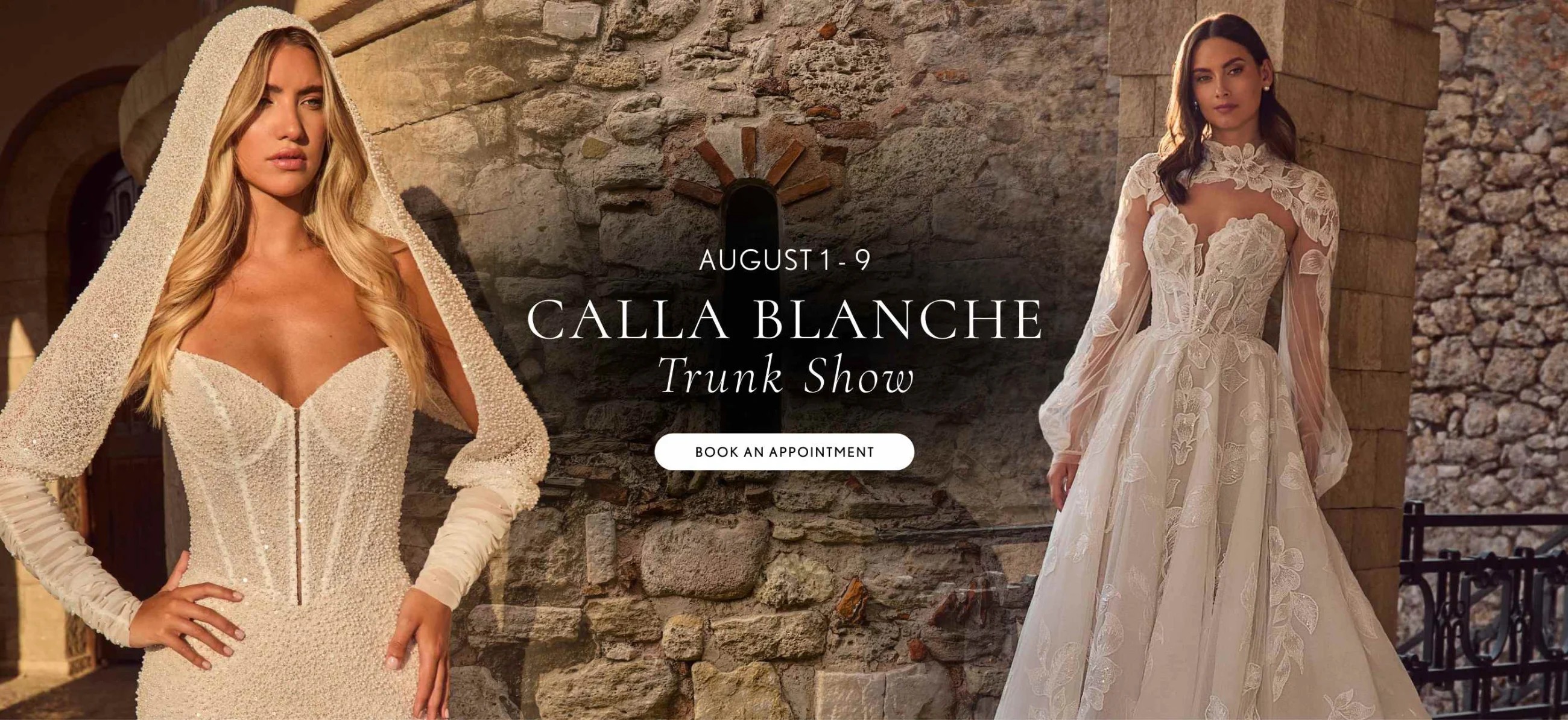 Models wearing calla blanche gowns, trunk show desktop banner
