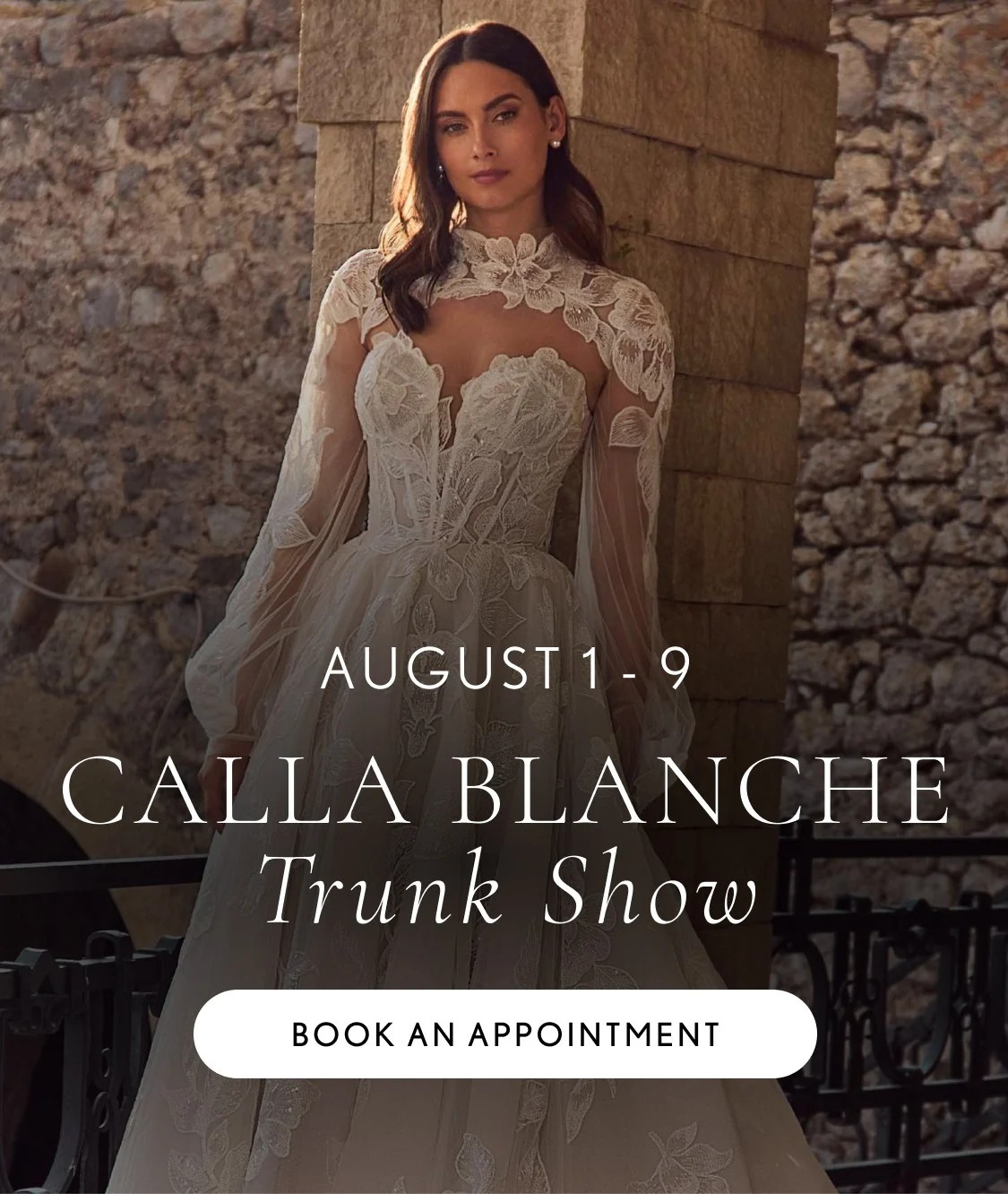 Models wearing calla blanche gowns, trunk show mobile banner