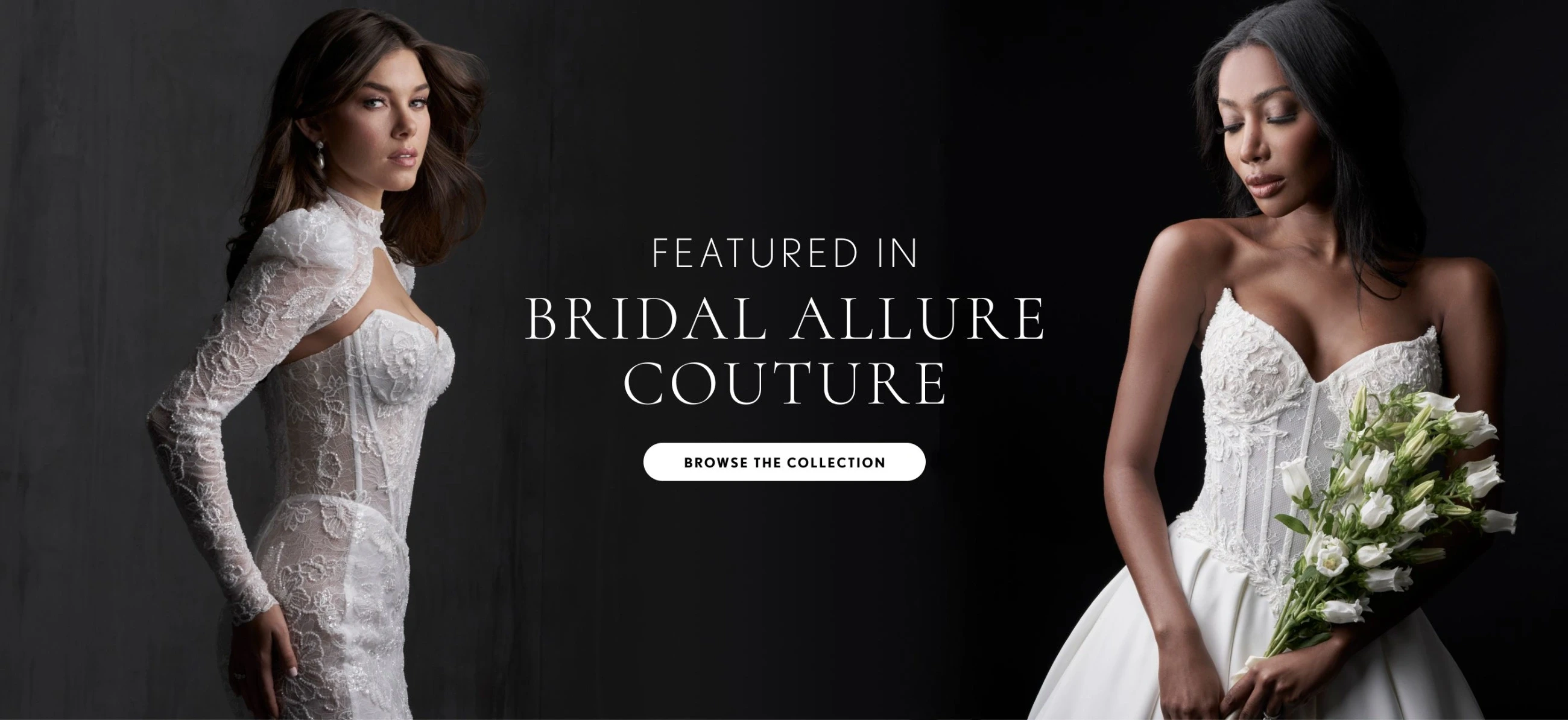 2 Models wearing Allure Couture C782J C783 bridal gowns, desktop banner