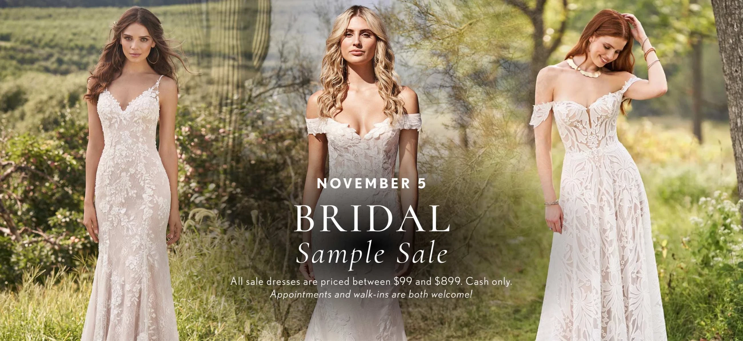 Models wearing Bridal dresses, Bridal Sample Sale desktop banner