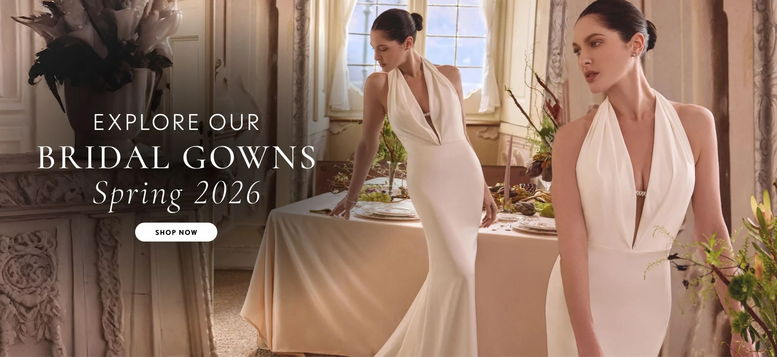 Model wearing Justin Alexander bridal gown, desktop banner