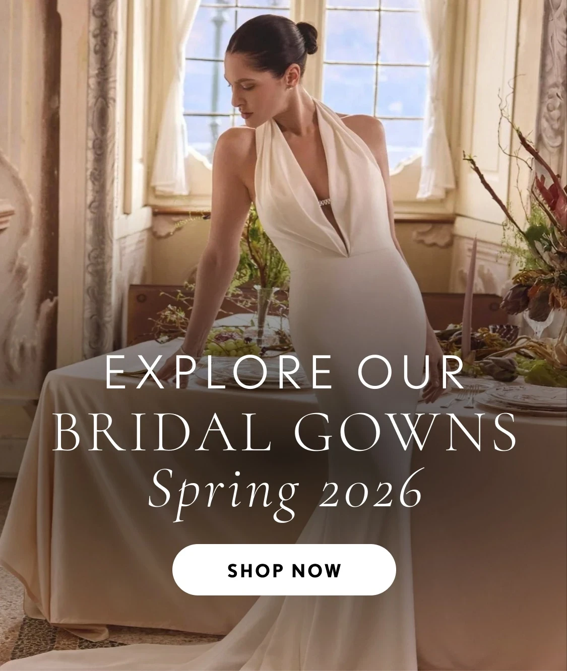 Model wearing Justin Alexander bridal gown, mobile banner