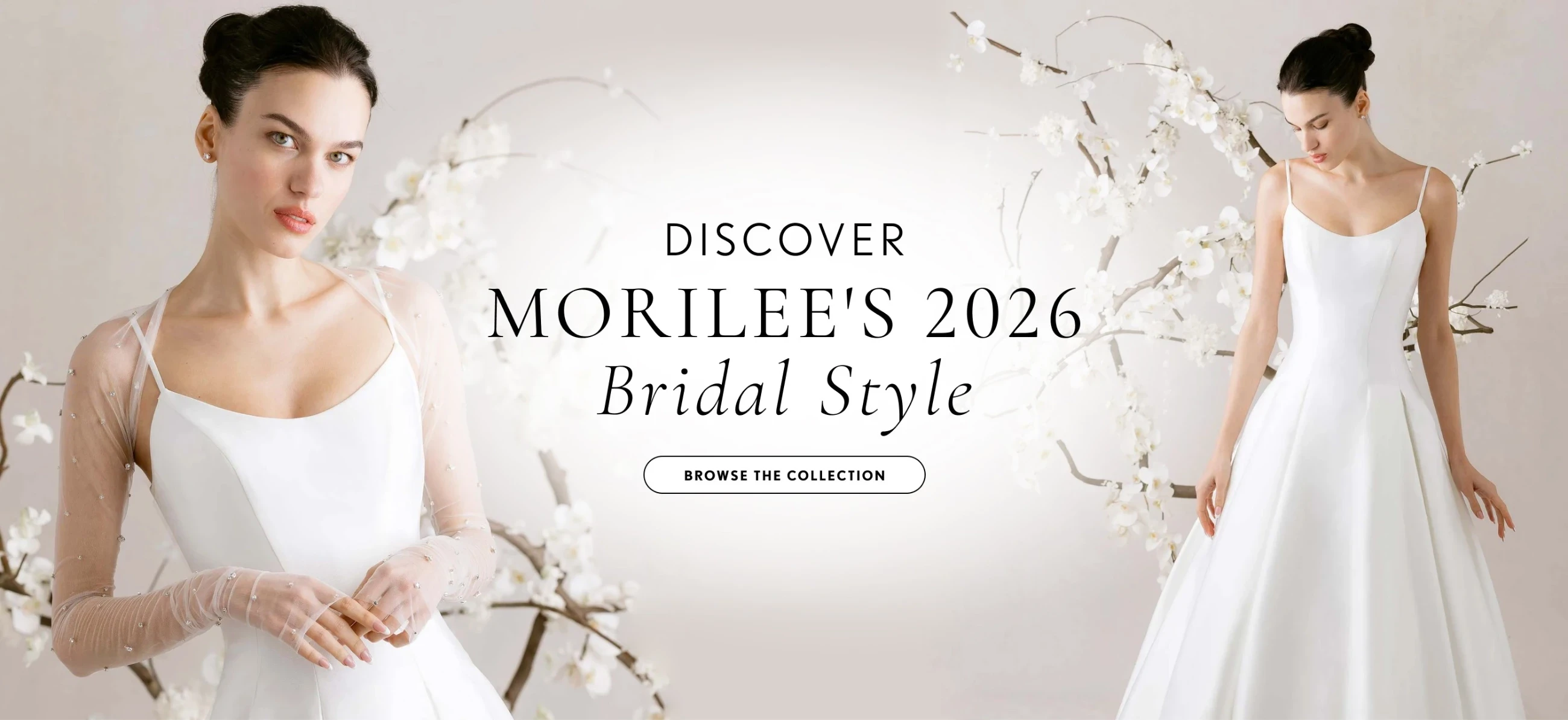 Model wearing Morilee bridal gown, desktop banner