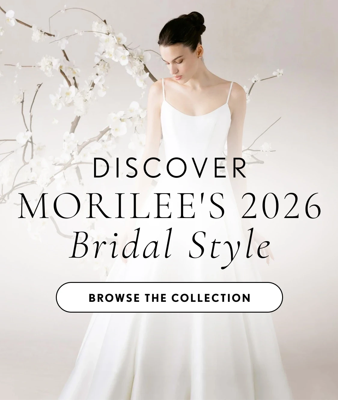 Model wearing Morilee bridal gown, mobile banner
