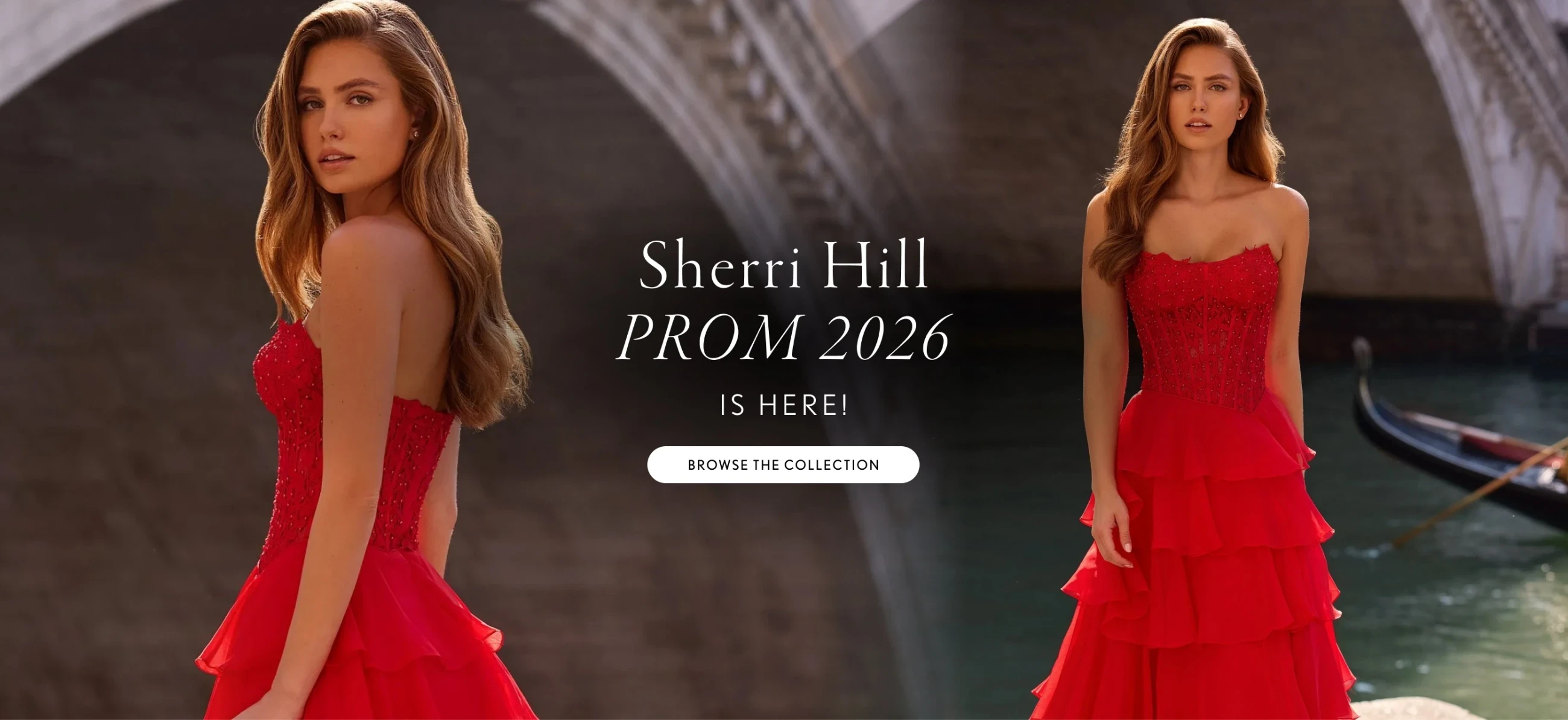 Model wearing red Sherri Hill Prom gown, desktop banner