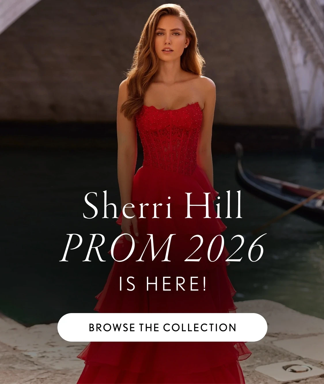 Model wearing red Sherri Hill Prom gown, mobile banner
