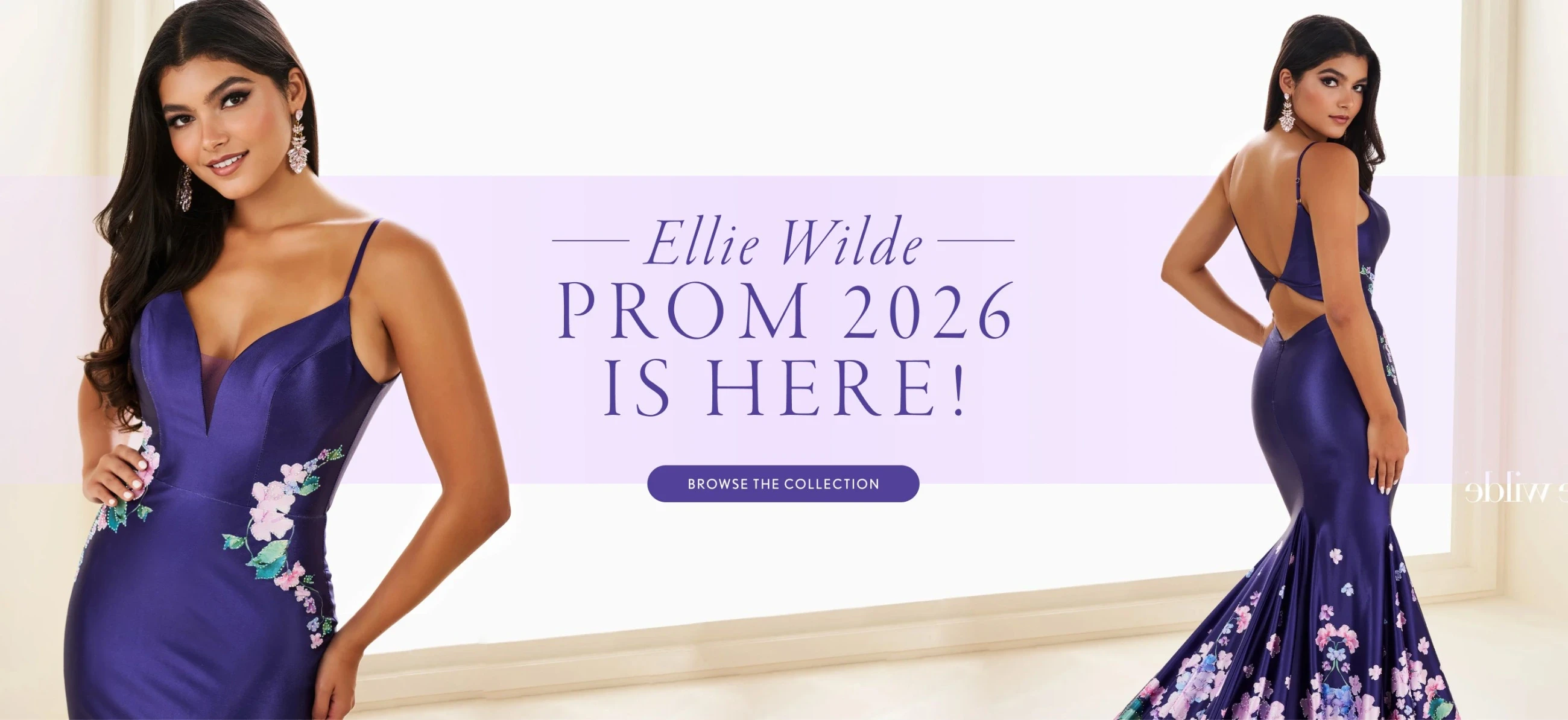 Model wearing Ellie Wilde Prom gown, desktop banner