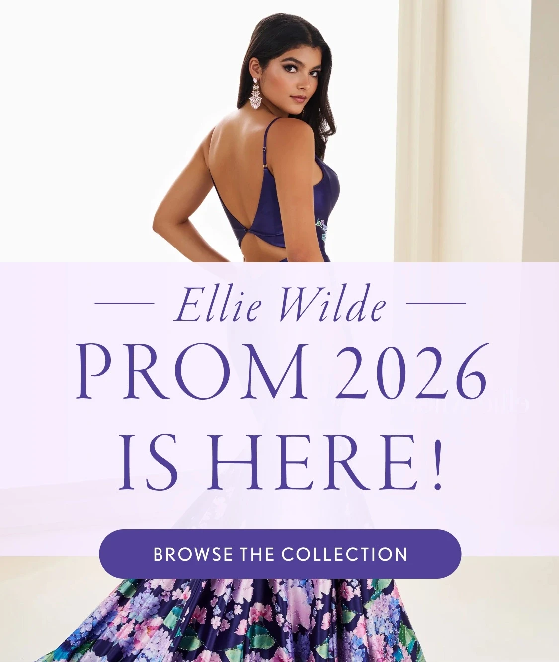 Model wearing Ellie Wilde Prom gown, mobile banner