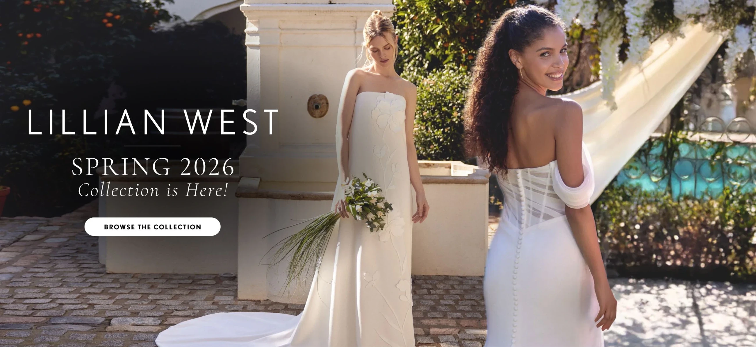 Models wearing Lillian West bridal gown, desktop banner