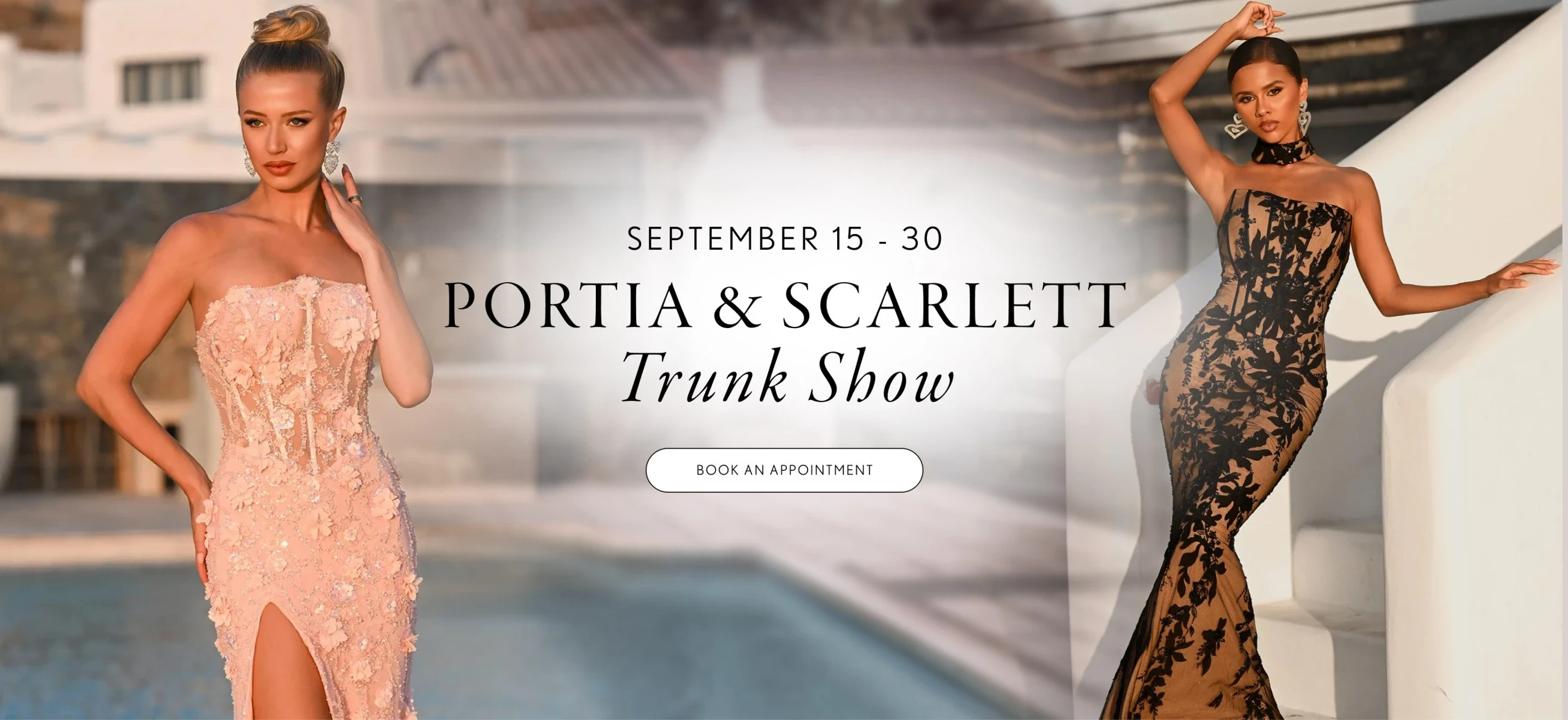 Models wearing Portia & Scarlett dresses, trunk show desktop banner
