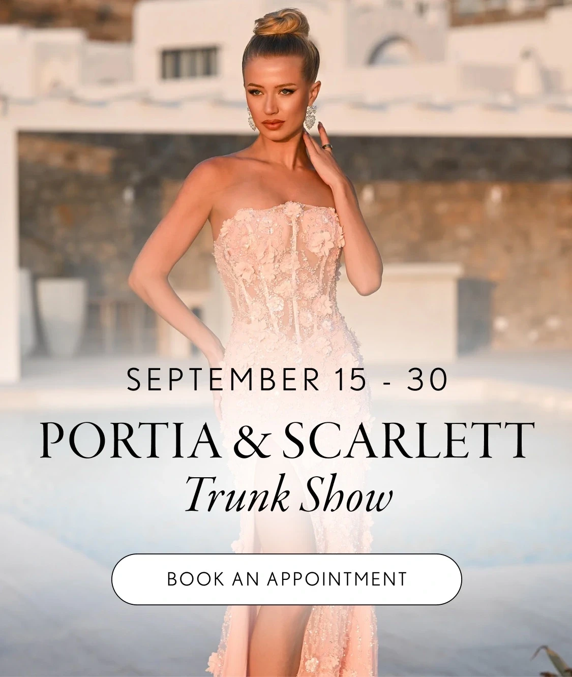Model wearing Portia & Scarlett dress, trunk show mobile banner